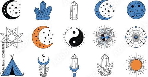 Vector Set of Celestial and Mystical Icons Including Moon, Stars, Crystals, and Yin-Yang for Spiritual, Astrology, and Boho Designs