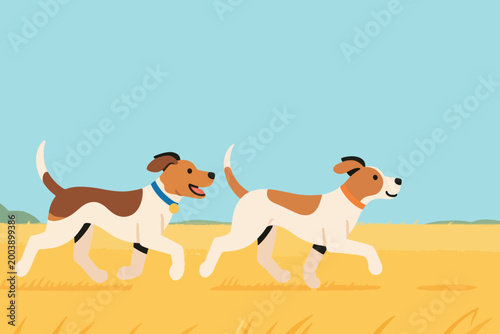 Schilderij op canvas Vector Two Dogs Running Playing Illustration Creative Design Template