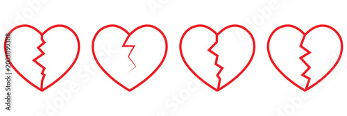 Broken Heart Icons Set Vector Red Heart Crack Silhouette and Line Style Emotional Love Symbol Collection
 Isolated on White Background