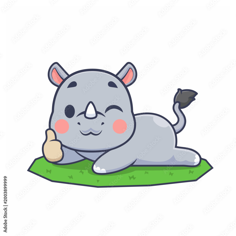 Fototapeta premium A cute rhinoceros laying on the grass with winking expression, flat vector mascot illustration.