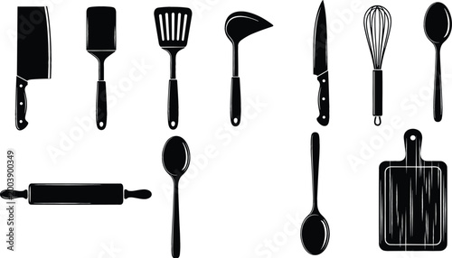 Kitchen utensils silhouette set including knife, spatula, whisk, ladle, spoon, and rolling pin, black cooking tools collection for culinary design and restaurant graphics