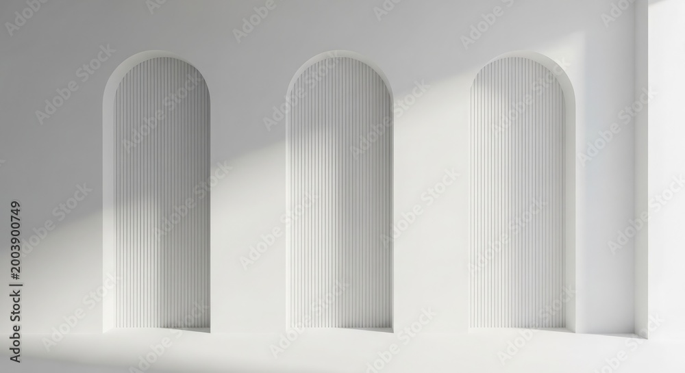 Fototapeta premium A serene architectural scene showing three arches in a white wall with sunlight casting shadows.