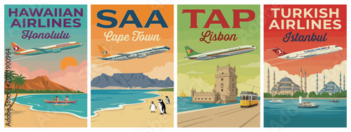 Vintage airline travel poster set. Including hawaiian honolulu, saa cape town, tap lisbon, and turkish airlines istanbul. Retro vector illustration.