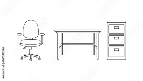 Office furniture set with chair, desk and filing cabinet vector 