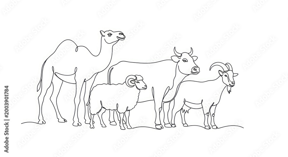 Obraz premium A line drawing of a camel standing with a cow and a goat on a plain landscape.