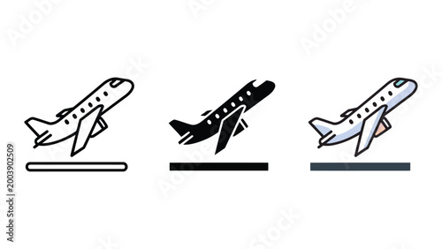 Tableau sur toile Set of three airplane take-off vector illustrations: outline, silhouette, and co
