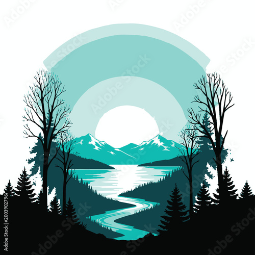 Serene mountain lake landscape at sunset with trees and river