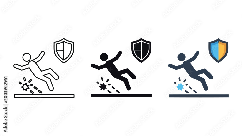 Fototapeta premium Person slipping and falling icon set with shield, vector illustration of accident prevention