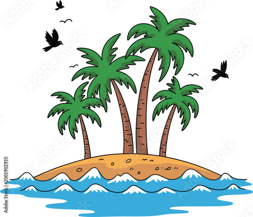 Cartoon tropical island vector illustration, palm trees with ocean waves and birds, summer beach paradise scene, travel design elements