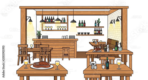 Restaurant tables with food and drinks.