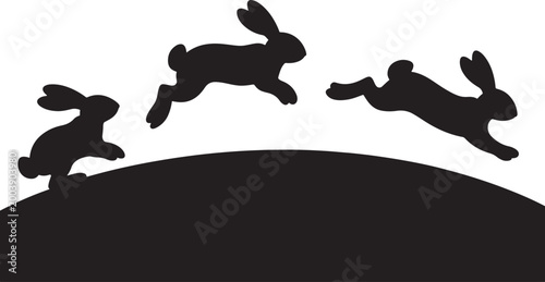 Silhouettes of Three Rabbits Leaping Over a Hill