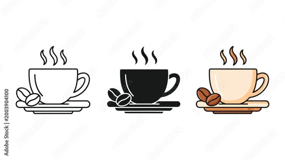 Obraz premium Three styles of hot coffee cups with steam and coffee beans, flat design vector illustration