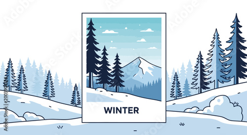 Snow covered mountain with pine trees.