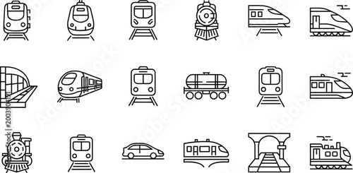 Vector Set of Train and Transportation Icons Including Locomotives, Trains, Metro, and Railways for Travel, Commuting, and Transportation Designs