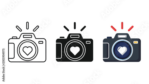 Set of three camera icons with heart symbols and flashes, vector illustration