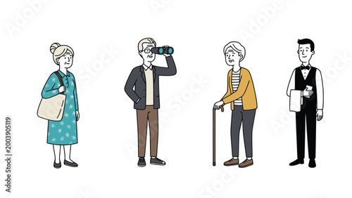 Diverse character illustrations: Senior adults with binoculars, cane, bag, and a waiter in flat design