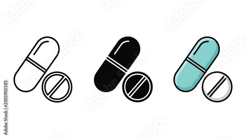 Foto Medicine Pills and Capsules Icons Set, Health Care and Pharmacy Flat Design Vect