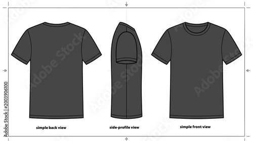 Dark grey blank t-shirt technical flat sketch template with blueprint guides, back, side, and front view mockup
