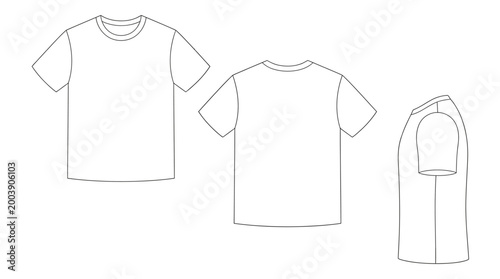 Blank t-shirt technical flat sketch template, front back and side view vector line art mockup