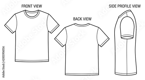 Technical flat sketch of blank t-shirt template in front, back, and side view, vector outline