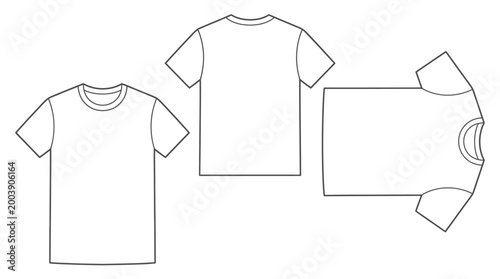 Technical flat sketch of blank t-shirt template with dynamic rotated layout, vector outline