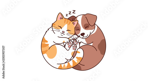 Sleeping Cat and Dog Cuddling Together.