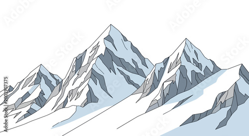 Snow covered mountain peaks landscape view.