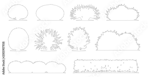 Quadro su tela Minimalist bush line art icons, architectural landscape shrub silhouettes, set o
