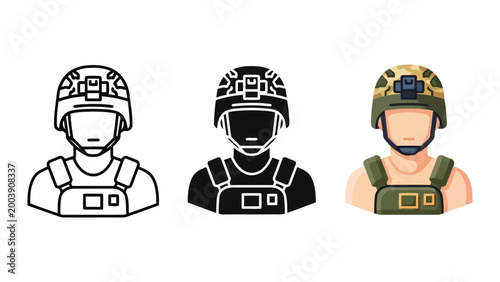 Schilderij op canvas Set of Soldier Icons: Outline, Silhouette, and Color Soldier Avatars in Tactical