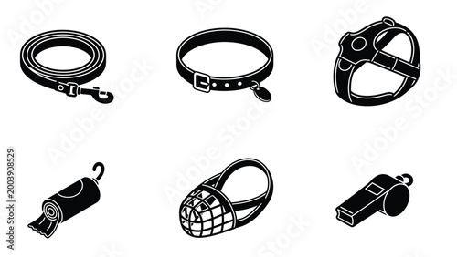 Isometric Dog Accessories & Pet Supplies Icon Set: Leash, Collar, Harness, Muzzle, Whistle, Waste Bags