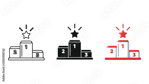 Podium for first, second, and third place winners with star and rays, line art and flat design vector illustration