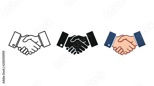 Diverse Handshake Icons: Outline, Silhouette, and Color Styles for Business Agreement and Partnership Vector Illustration