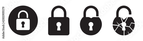 Security lock and broken lock icons on transparent background.