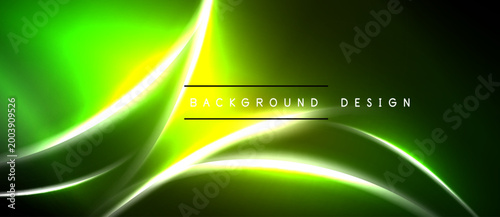 Bright green abstract background. Smooth curves, glowing lines create dynamic visual effect. Text reads background design.