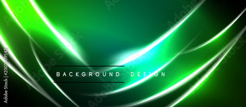 Abstract green neon lights create dynamic waves. Dark background emphasizes bright curves, modern design element. Text reads background design.