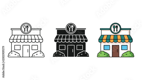 Restaurant building facade with awning and signage, flat design vector illustration