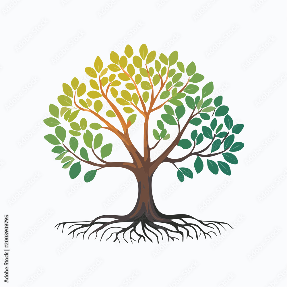 Fototapeta premium Stylized Tree with Roots and Gradient Leaves