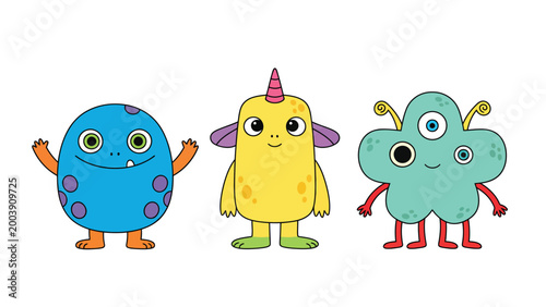 Cute Colorful Cartoon Monsters Illustration Set Isolated on White Background