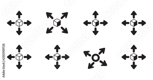 Cube movement and transform UI icon set for 3D modeling software interface and digital development.