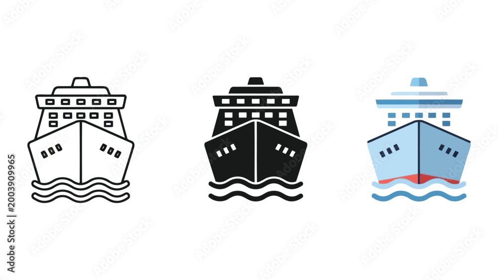 Naklejka premium Cruise Ship Icons: Outline, Silhouette, and Flat Design Vector Illustrations on White Background