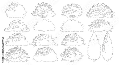 Minimalist bush line art collection, set of 15 garden shrub vector outlines, architectural landscape plant sketches for site plans and diagrams
