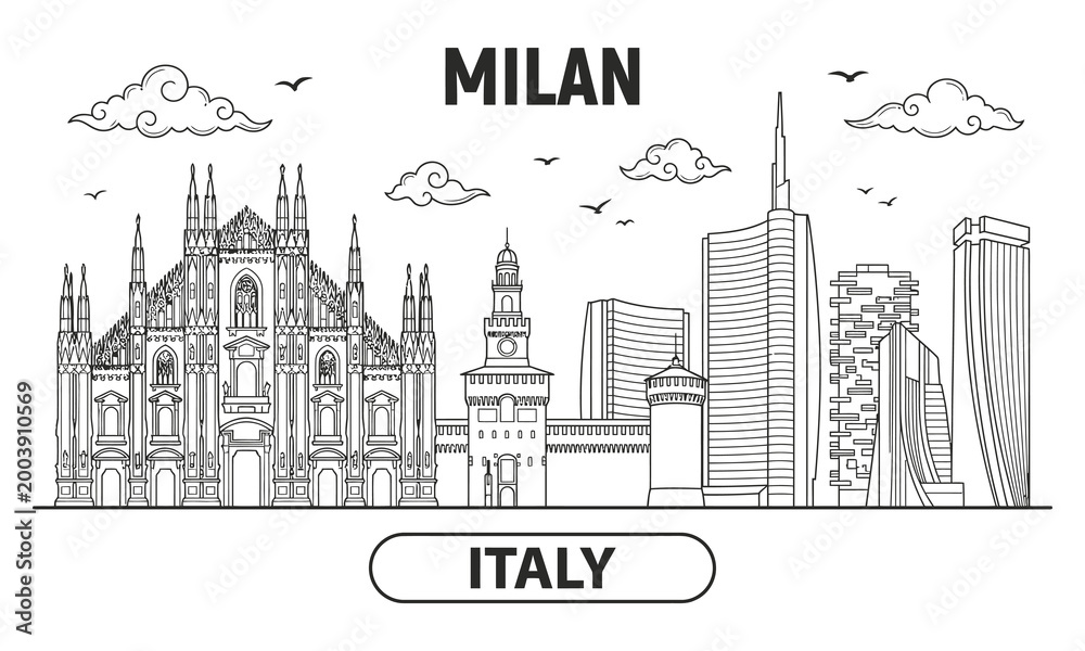Fototapeta premium Detailed monochrome vector Milan Italy cityscape illustration featuring landmarks