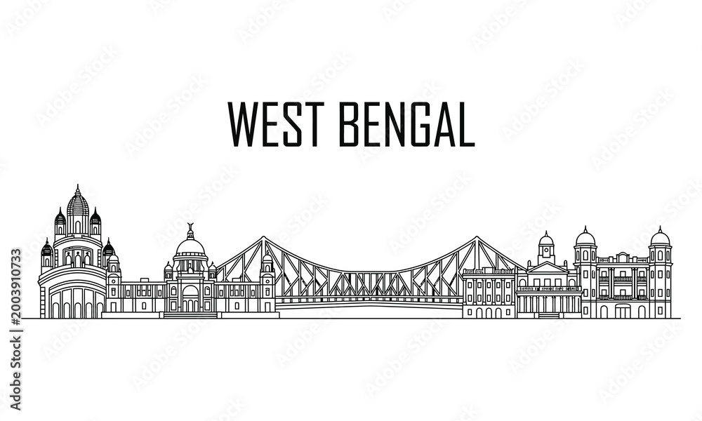 Fototapeta premium Vector illustration of iconic Kolkata cityscape with Howrah Bridge and buildings