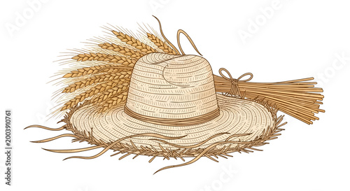 Bild auf Leinwand Straw hat with wheat bundle.