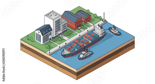 Container shipping logistics operation at a bustling port with cargo boats and warehouses