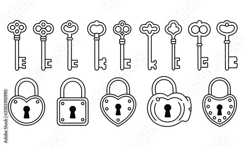 A set of hand drawn doodle vector keys and locks with heart shapes