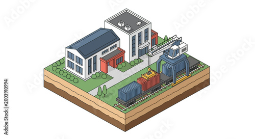 Aerial view of a logistics hub with a warehouse and container shipping operations