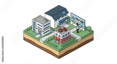 Container shipping and logistics facility with warehouse, truck, and workers on a green landscape with a billboard.