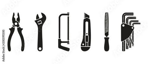 Foto Construction Hand Tools Icon Set: Pliers, Wrench, Hacksaw, Utility Knife, Metal