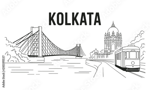 Kolkata cityscape with iconic bridge, tram, and historic building